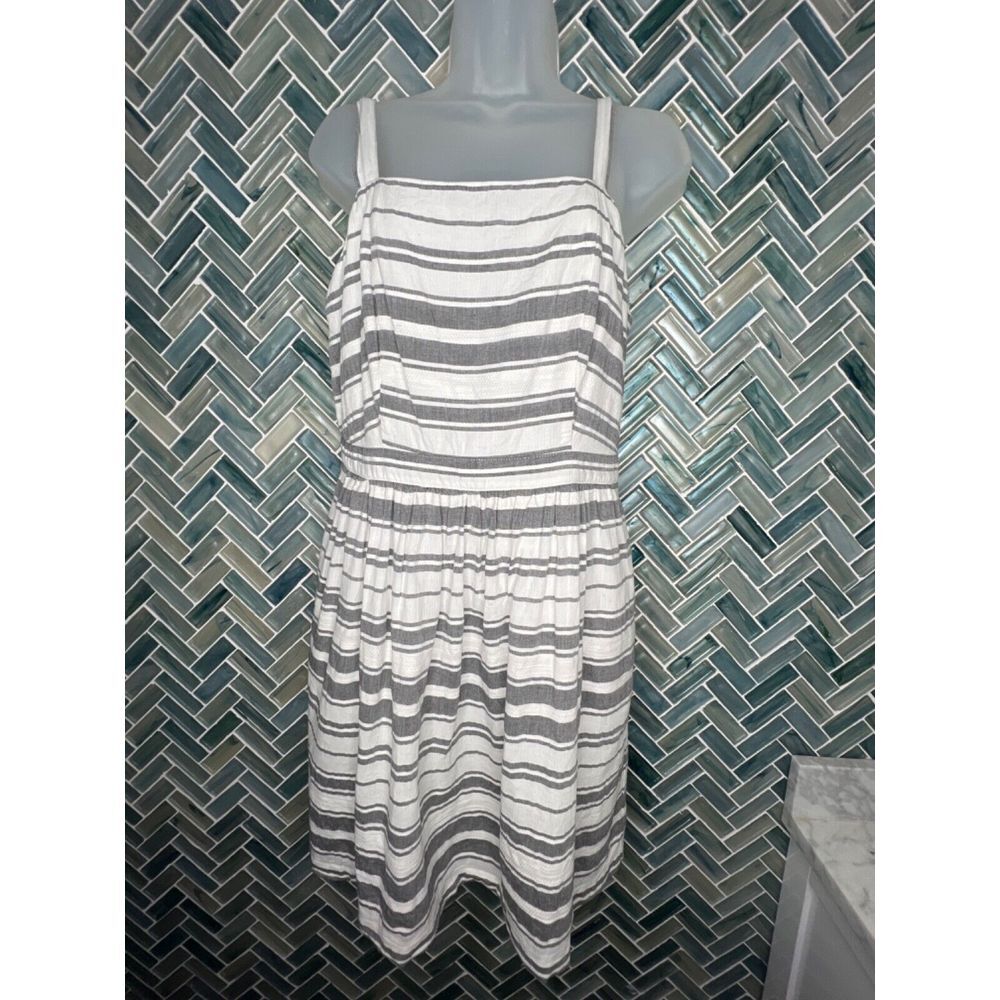 ANN TAYLOR LOFT WOVEN COTTON GRAY WHITE STRIPED LINED SLEEVELESS SUNDRESS SMALL‎